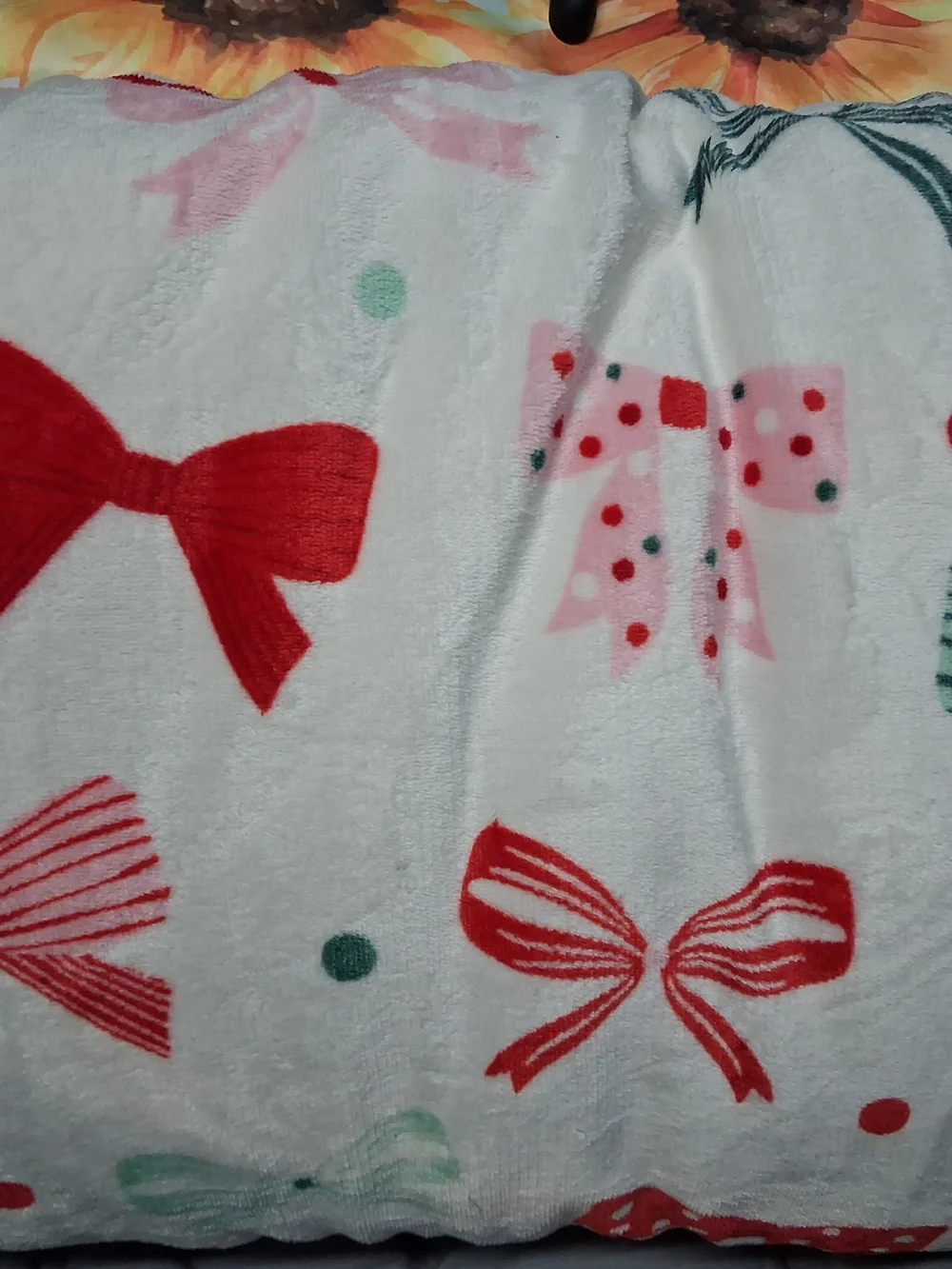 Plush Bow-Print Decorative Pillow Cover in White with Red & Mint Accents